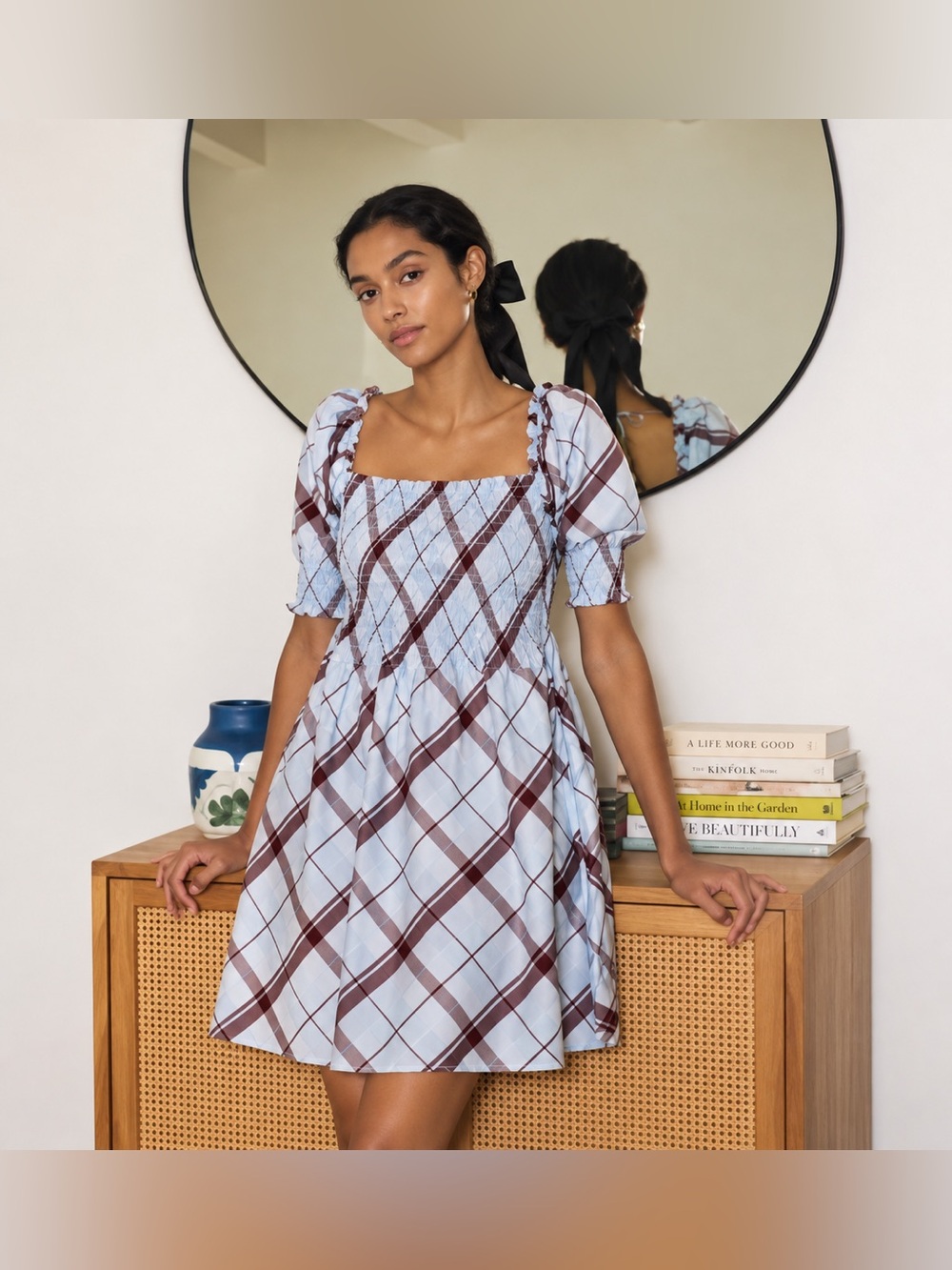 🩵 Hill House Home Ellie Nap Dress Blue Plaid Puff Sleeve Size Small 🩵